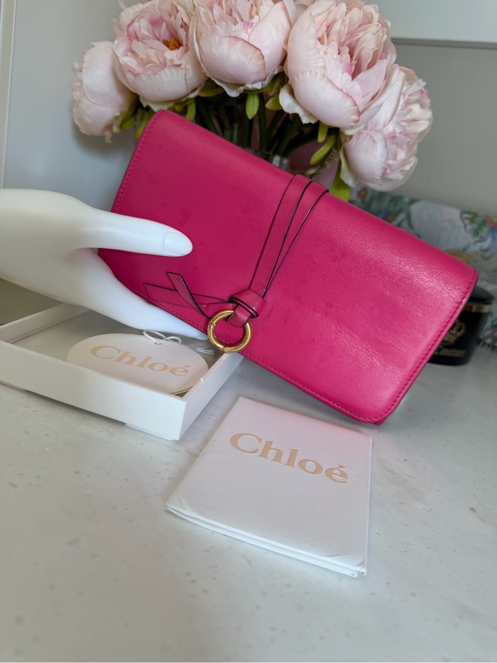 Chloe Fuchsia Leather Clutch with Gold Ring Accent